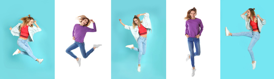 Image of Collage with photos of woman in fashion clothes jumping on different color backgrounds. Banner design