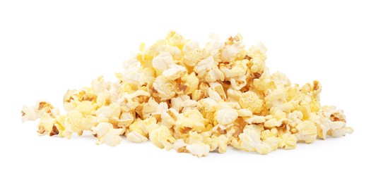 Photo of Pile of tasty fresh popcorn isolated on white