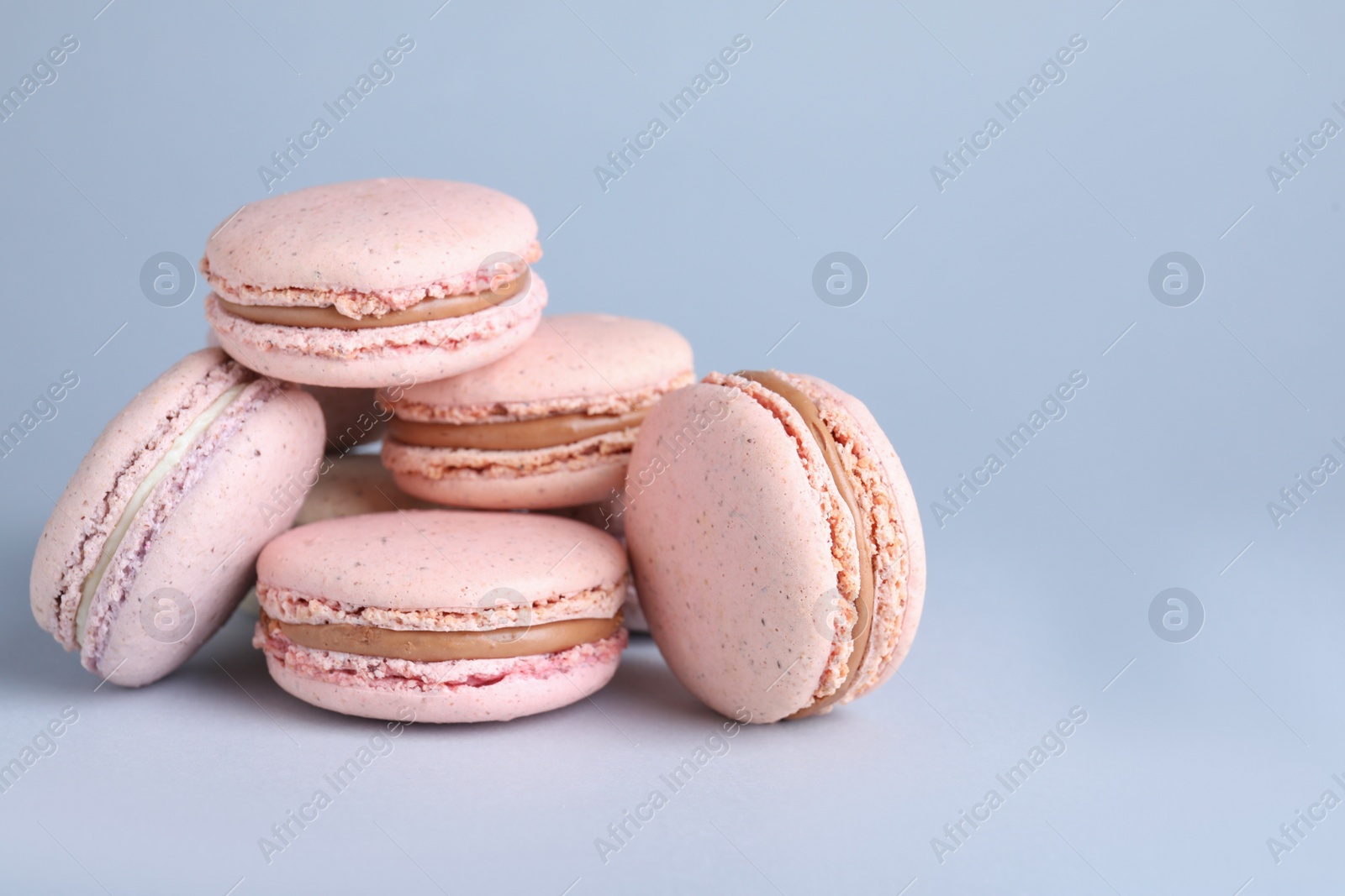 Photo of Delicious pink macarons on light grey background