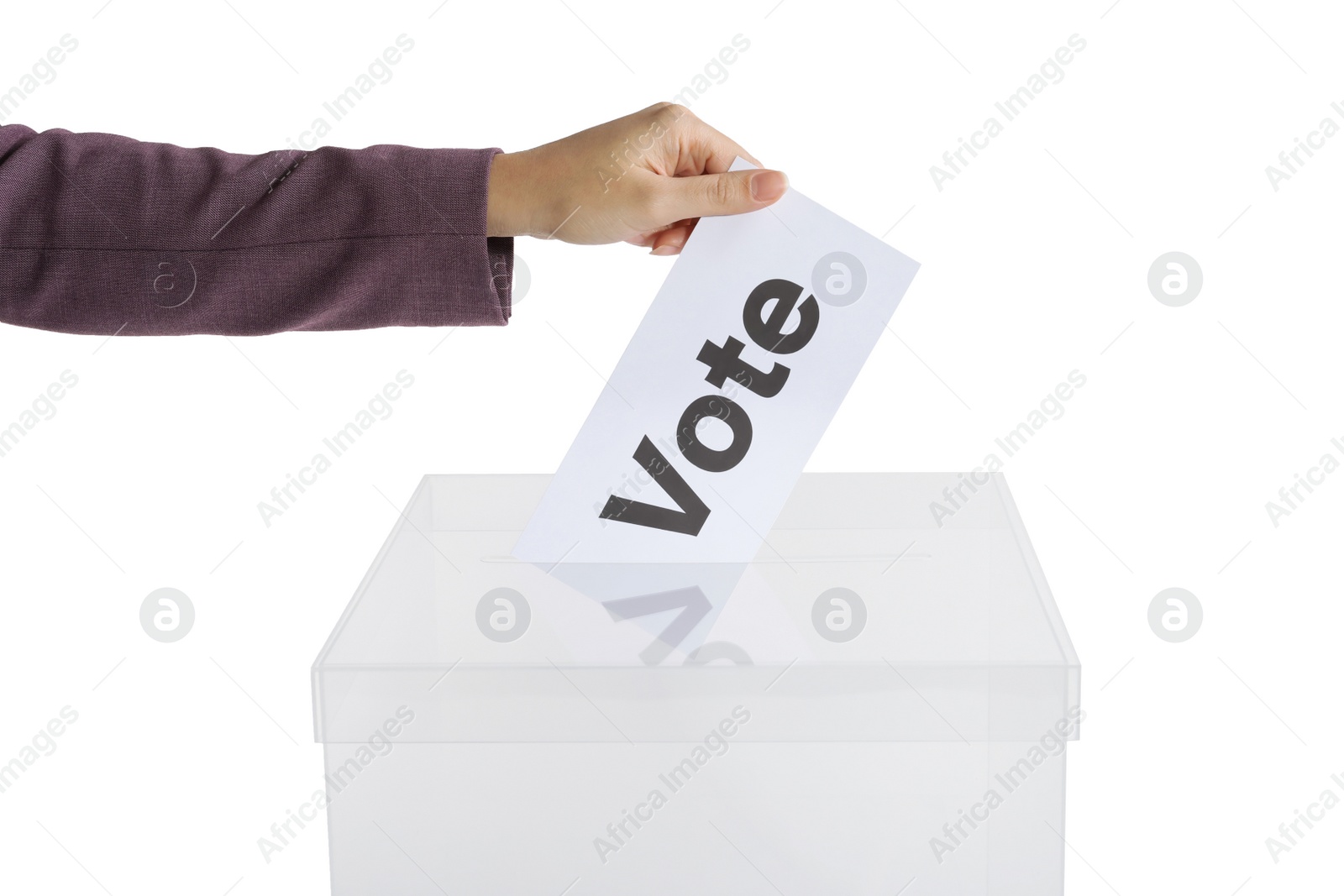 Photo of Woman putting her vote into ballot box on white background, closeup