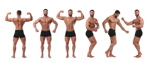 Image of Handsome bodybuilder in underwear posing on white background, set of photos