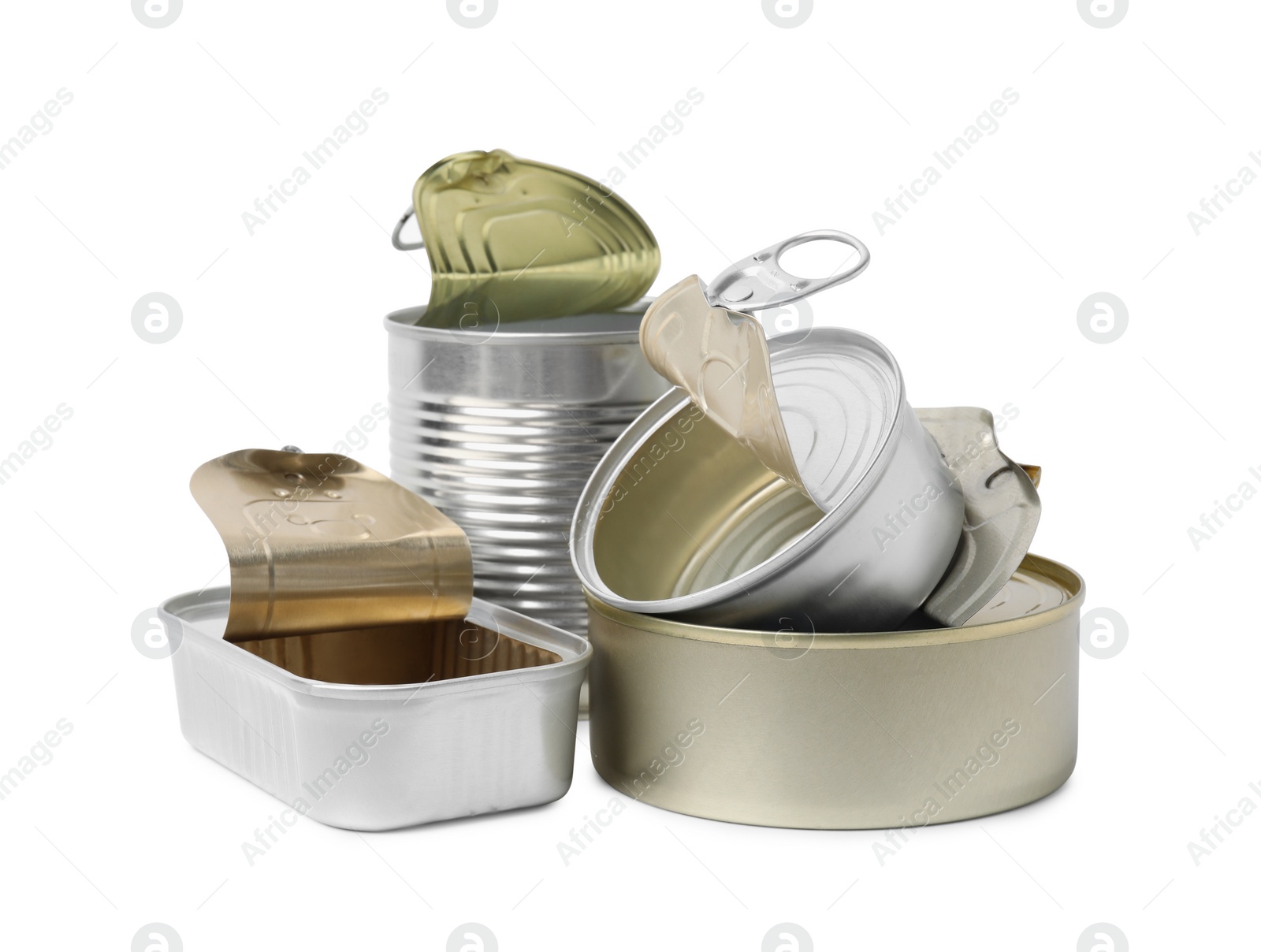 Photo of Many open tin cans isolated on white