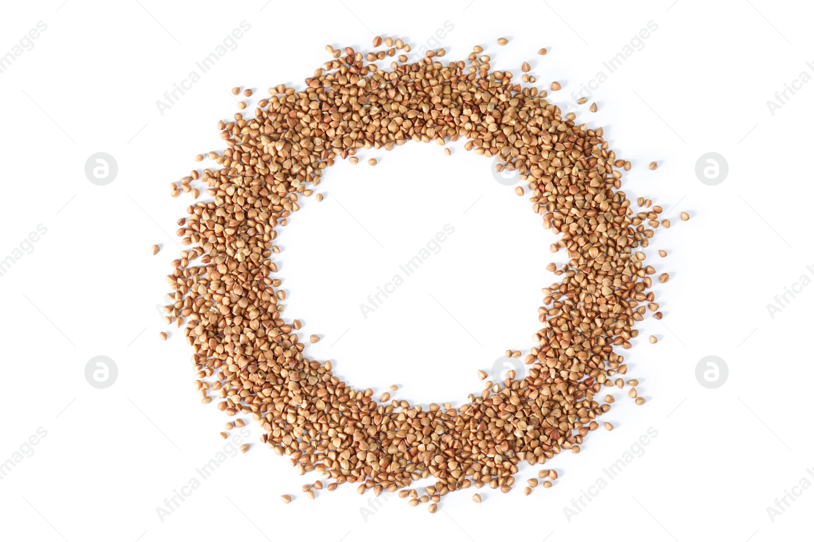 Photo of Frame made of uncooked buckwheat on white background, top view