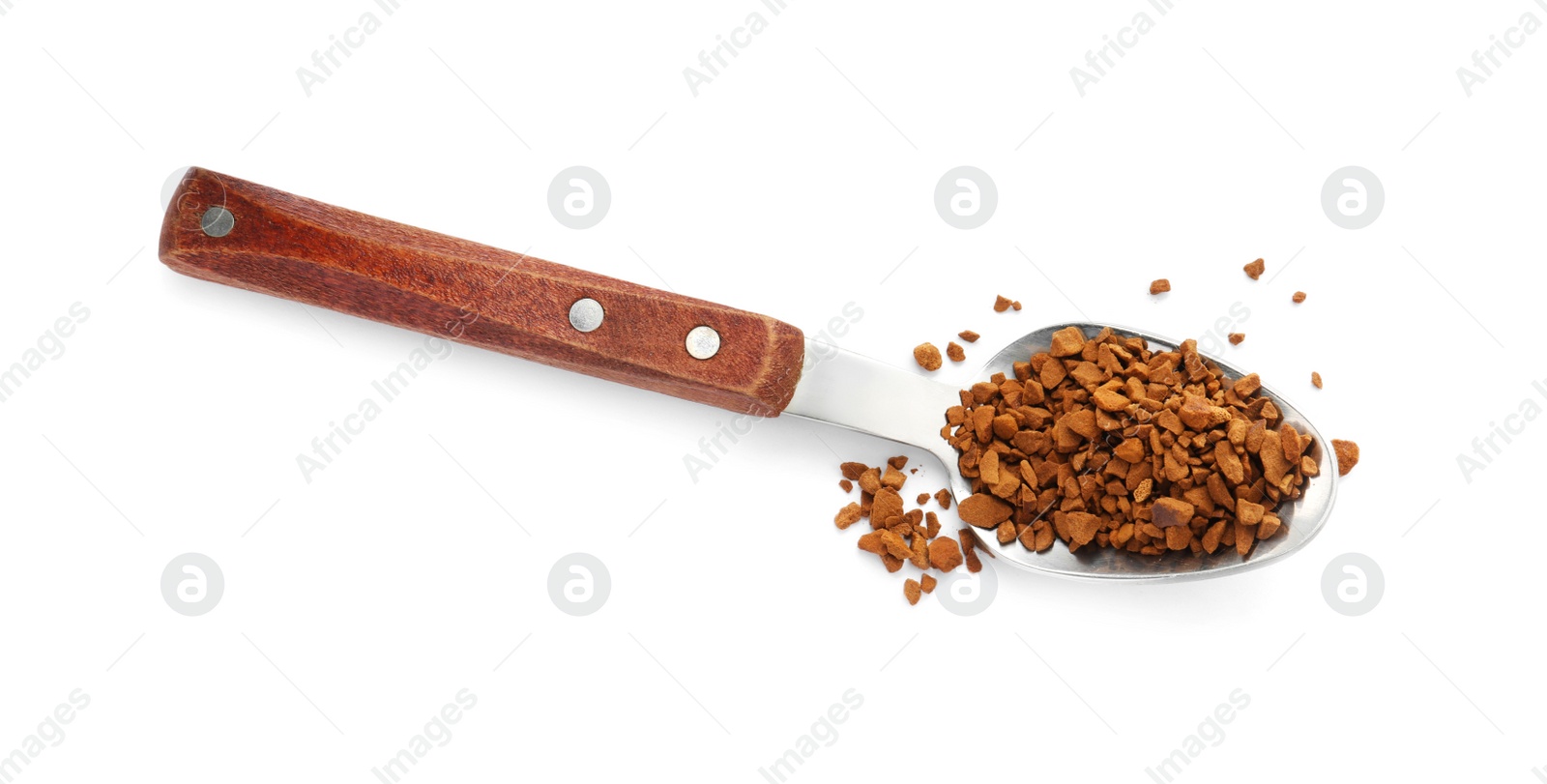 Photo of Spoon with aromatic instant coffee isolated on white, top view