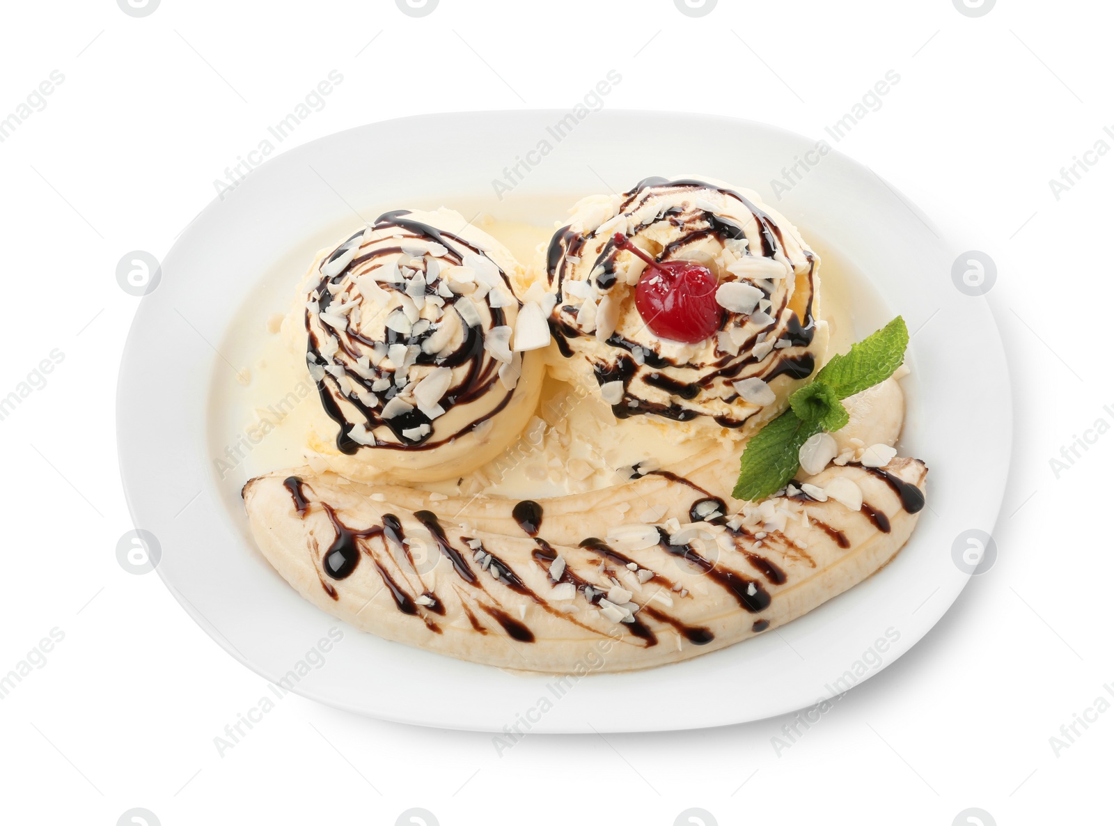 Photo of Delicious dessert with banana ice cream on white background, top view