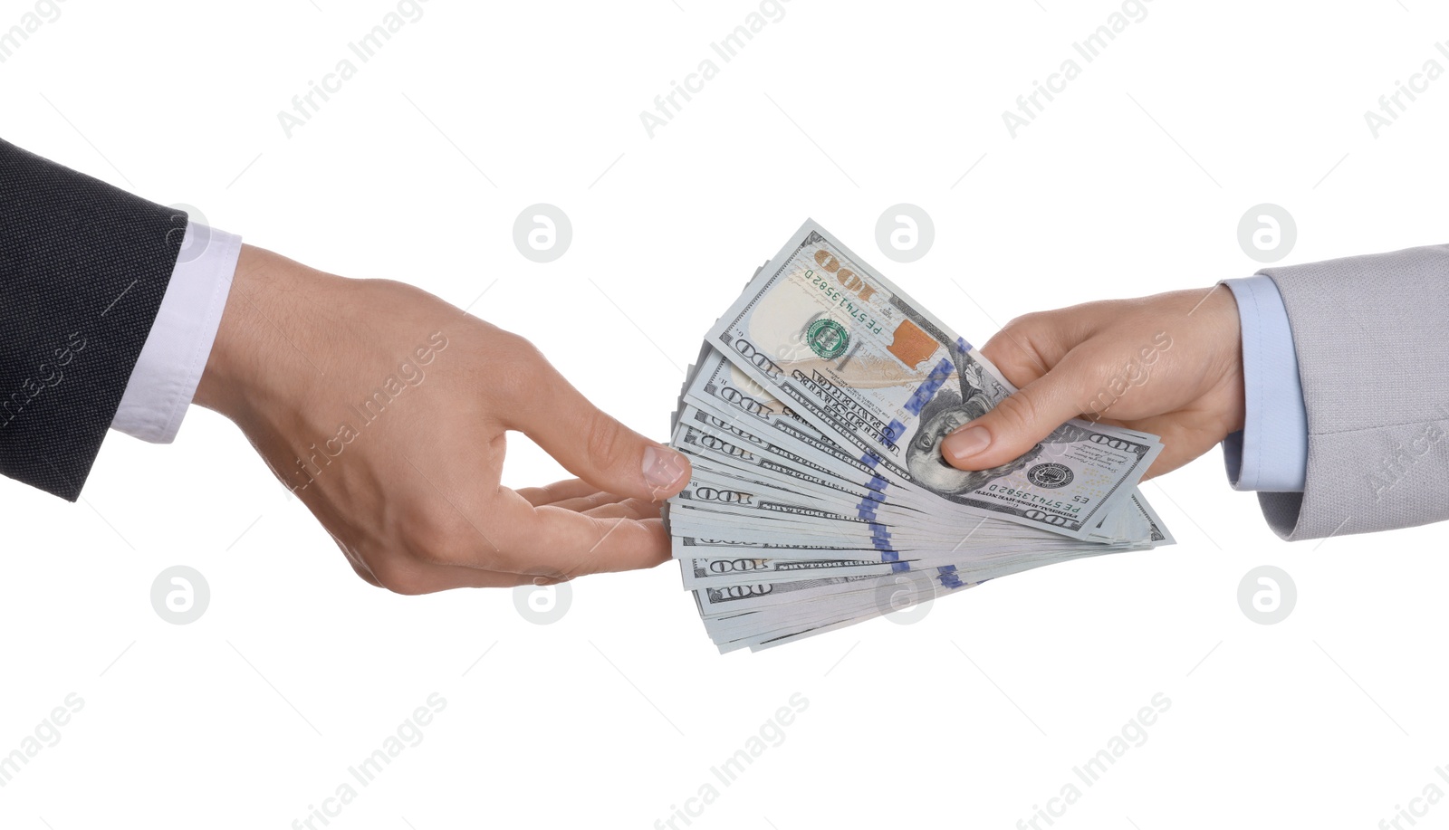 Photo of Money exchange. Man giving dollar banknotes to woman on white background, closeup