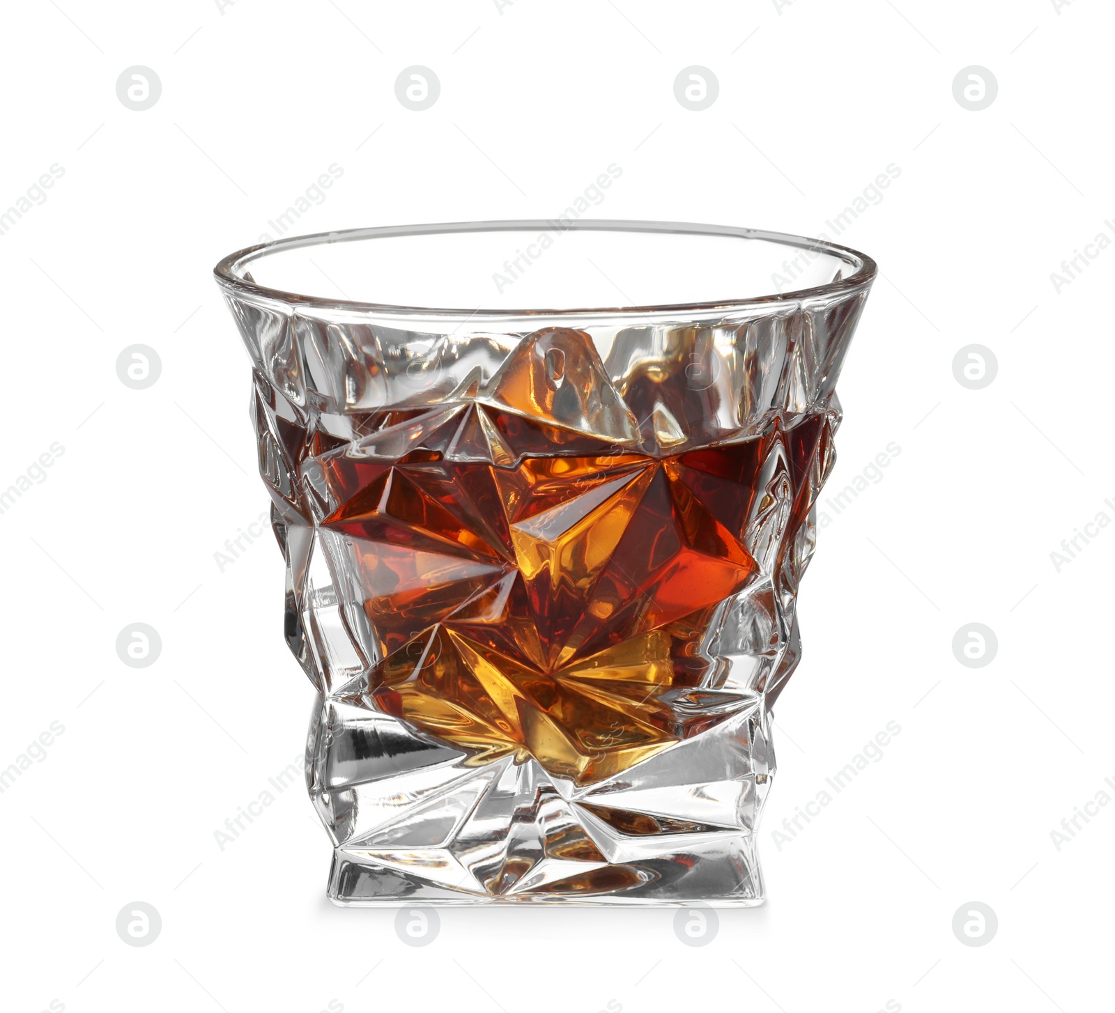 Photo of Glass of scotch whiskey on white background