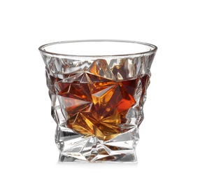 Photo of Glass of scotch whiskey on white background