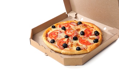 Photo of Open cardboard box with delicious pizza on white background. Food delivery