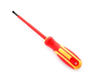 Color screwdriver on white background, top view. Electrician's tool