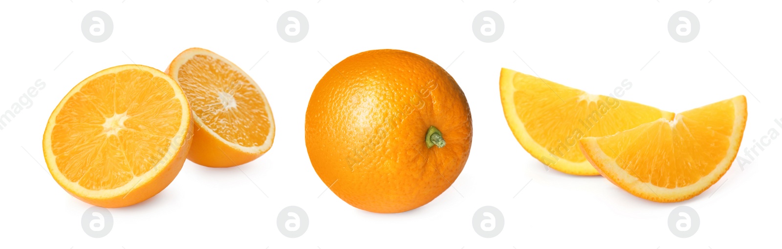 Image of Set with tasty ripe oranges on white background. Banner design 