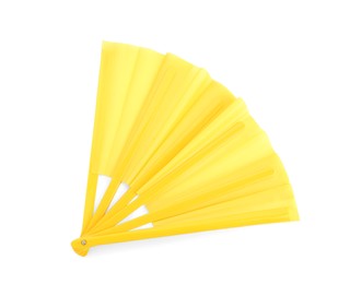 Photo of Bright yellow hand fan isolated on white, top view