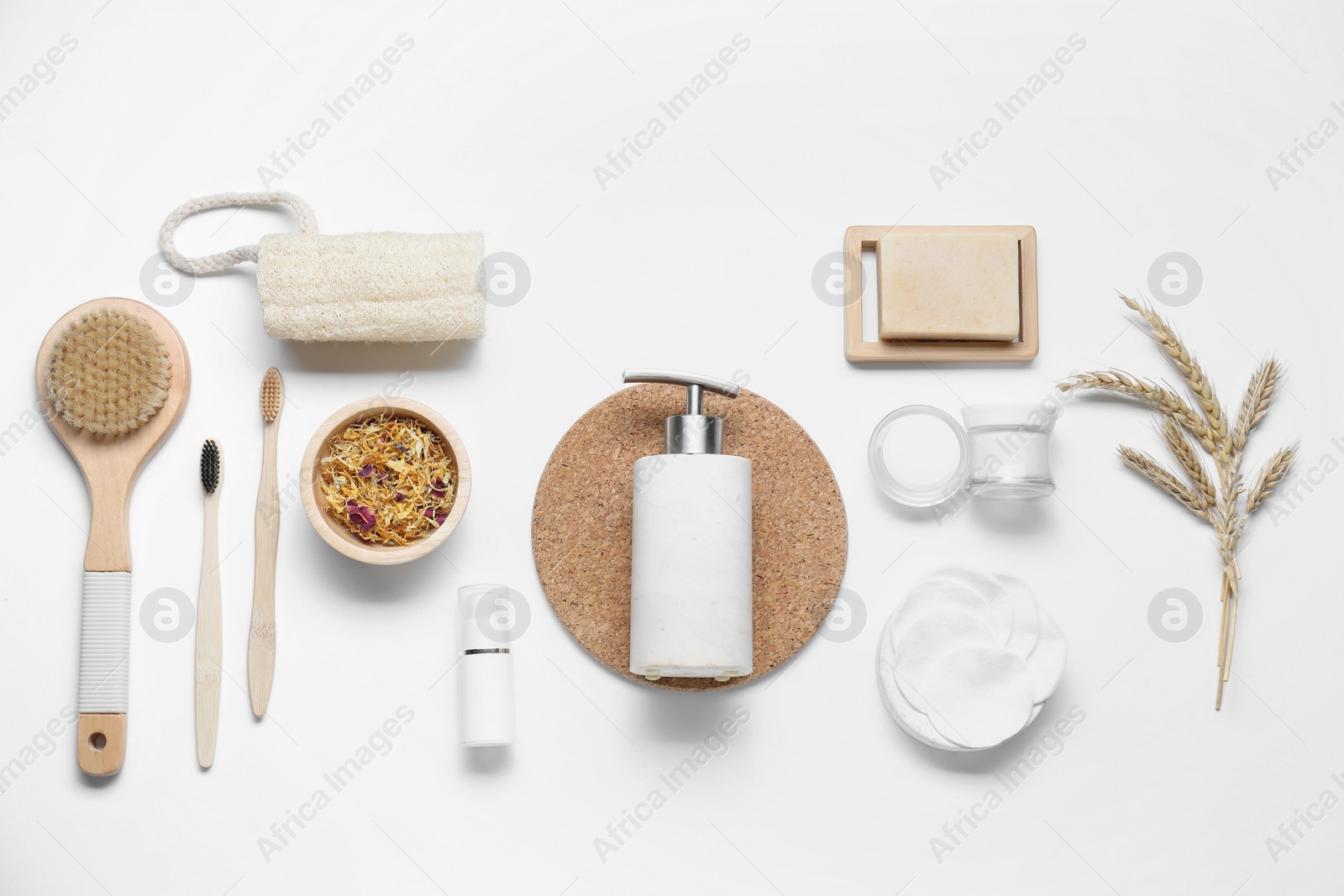 Photo of Bath accessories. Flat lay composition with personal care products on white background