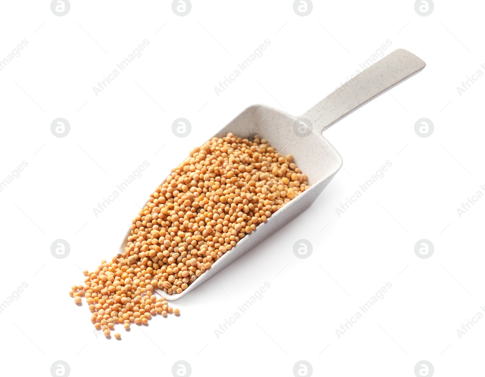 Photo of Scoop with mustard seeds on white background