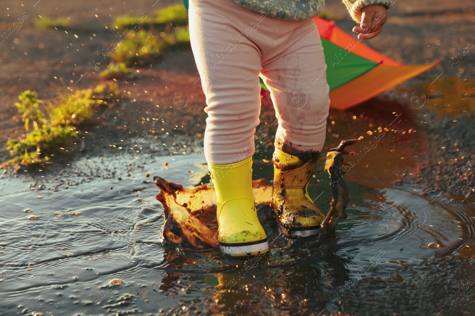 Photo of Little girl wearing rubber boots walking in puddle outdoors, closeup and space for text