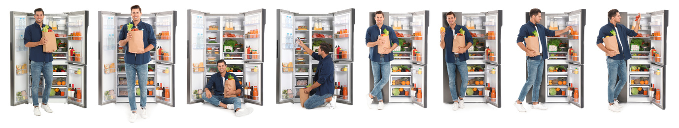 Collage of man near open refrigerators on white background