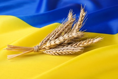Photo of Ears of wheat on national Ukrainian flag. Cereal plant