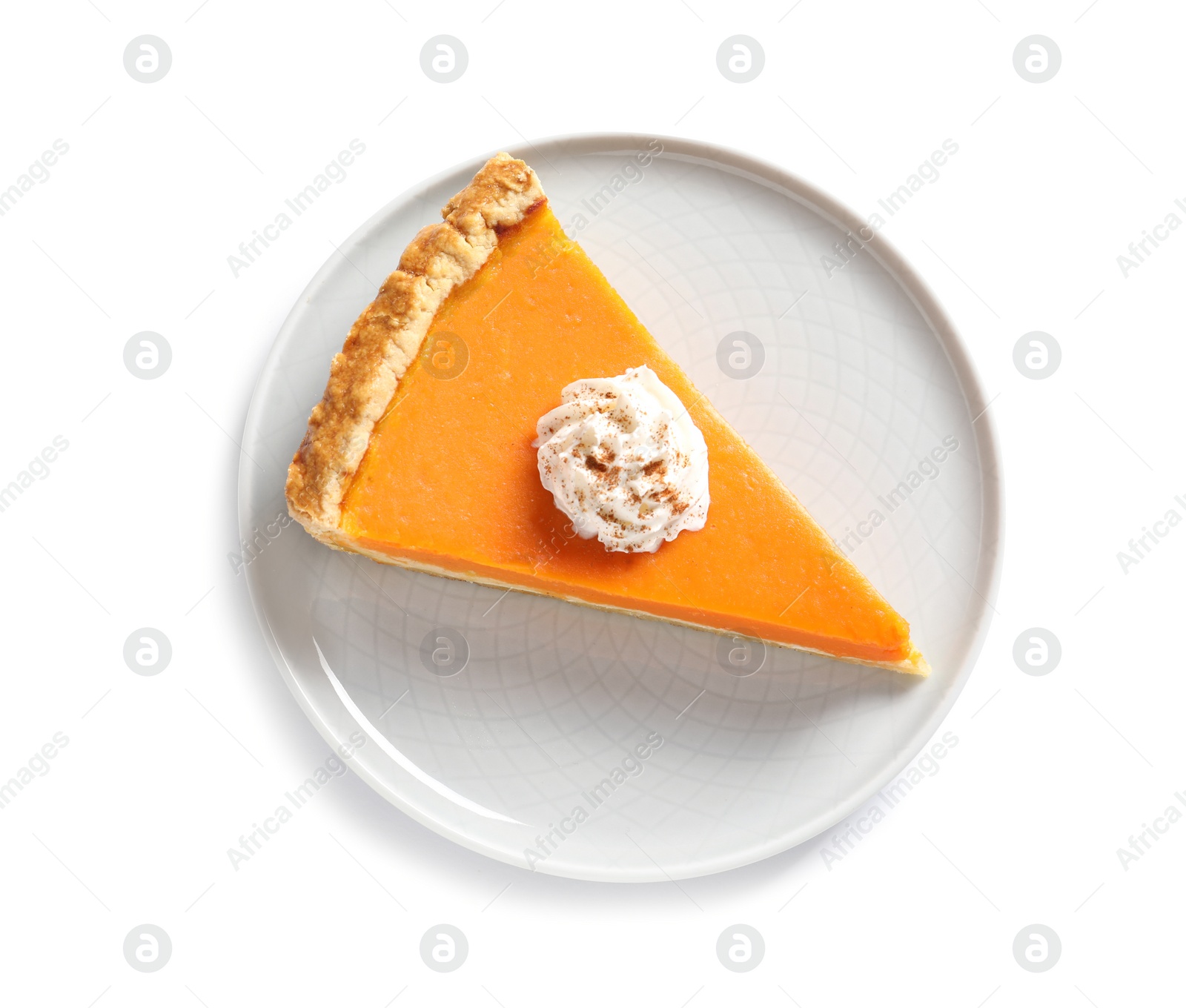 Photo of Plate with piece of fresh delicious homemade pumpkin pie on white background, top view