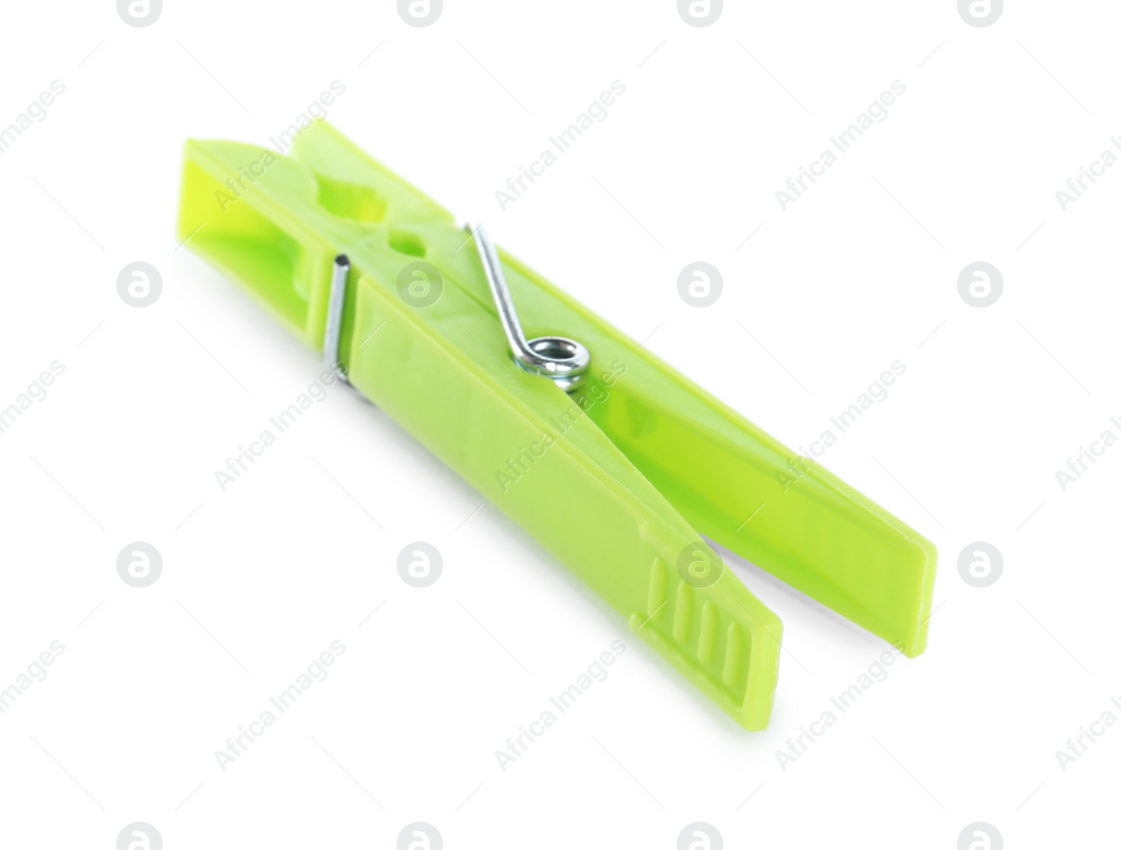 Photo of Bright green plastic clothespin isolated on white