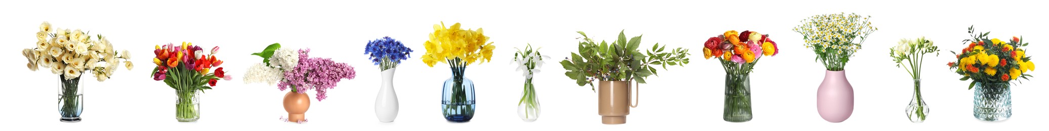 Image of Collage with many beautiful bouquets in different vases on white background