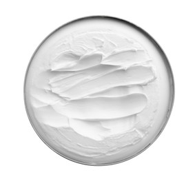 Photo of Jar of facial cream on white background, top view