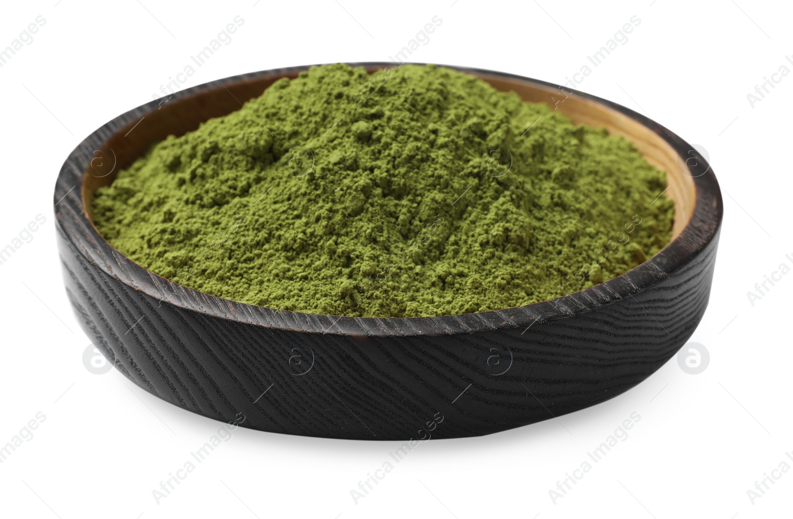 Photo of Green matcha powder in bowl isolated on white