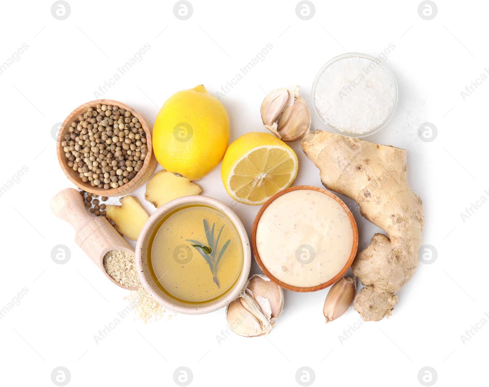 Photo of Fresh marinade and different ingredients on white background, top view