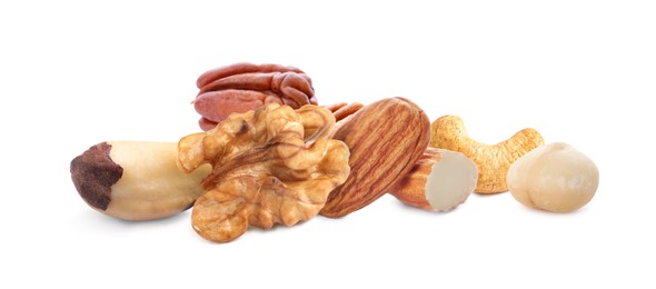 Mix of different tasty nuts on white background. Banner design 