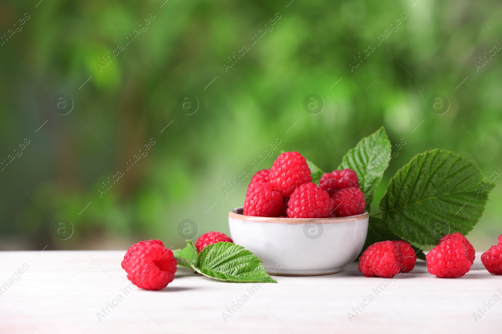 Photo of Tasty ripe raspberries and green leaves on white wooden table outdoors. Space for text