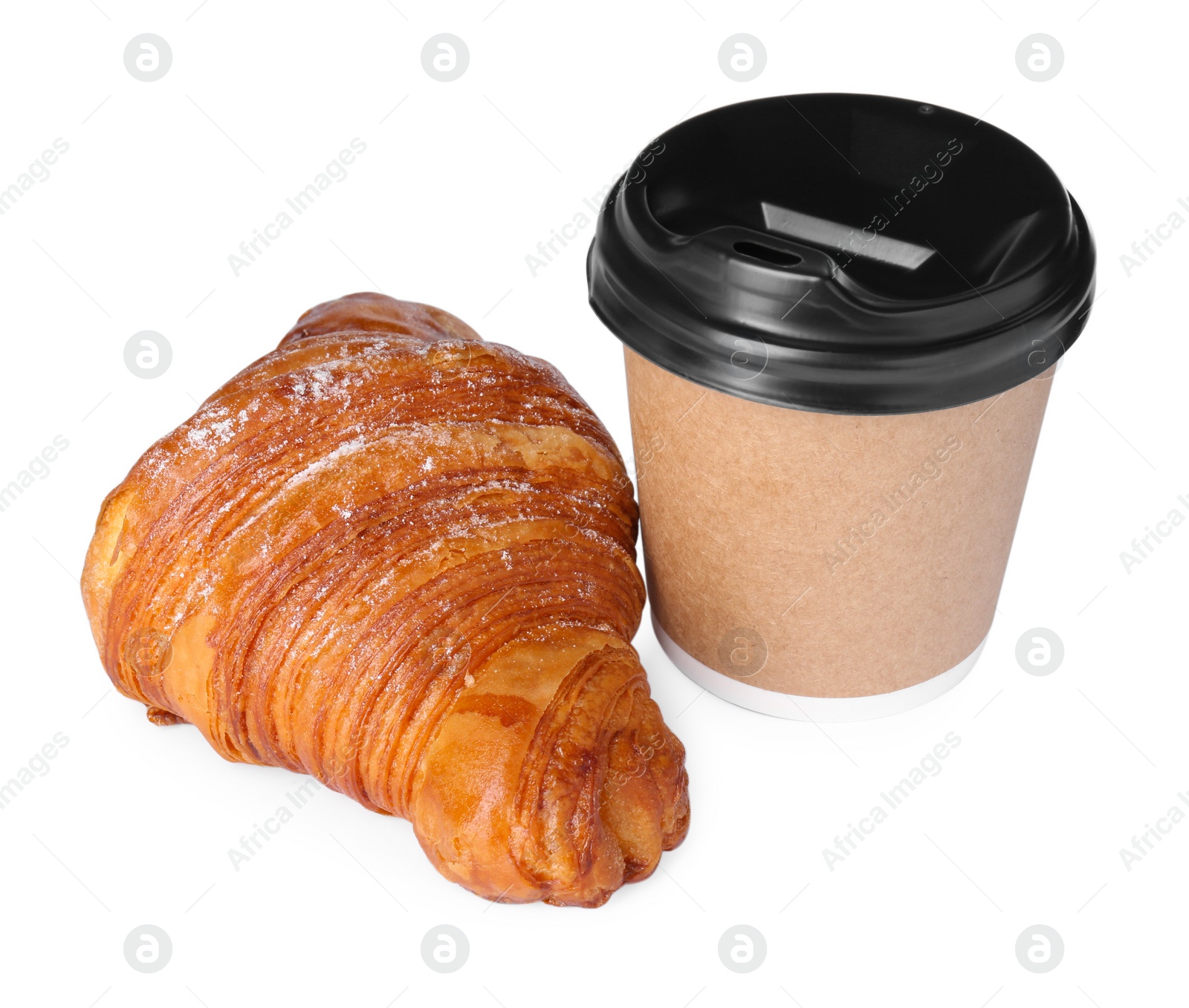 Photo of Delicious fresh croissant and paper cup with coffee isolated on white