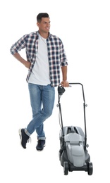 Man with modern lawn mower on white background