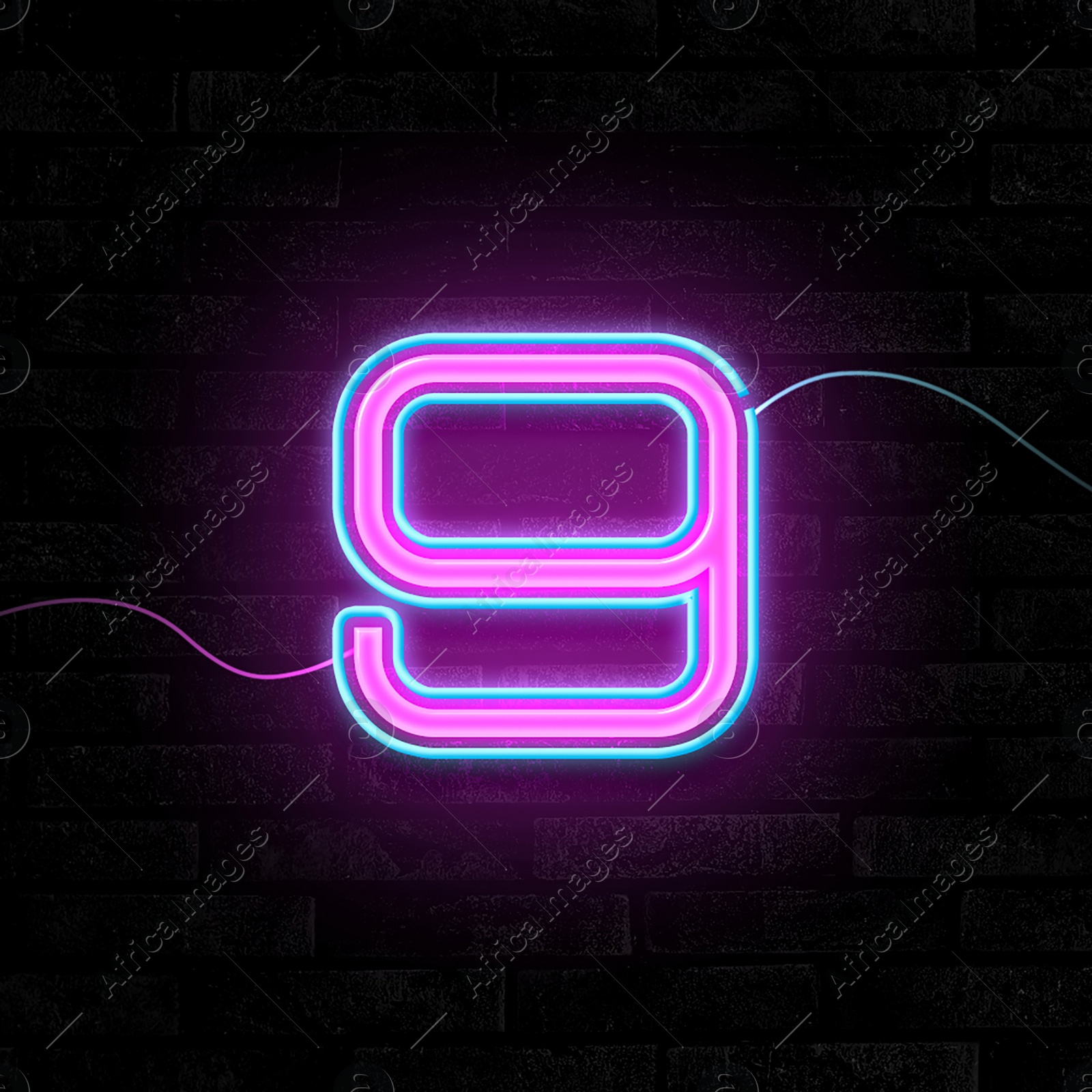 Image of Glowing neon number 9 sign on brick wall