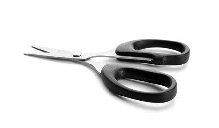 Pair of sharp scissors on white background