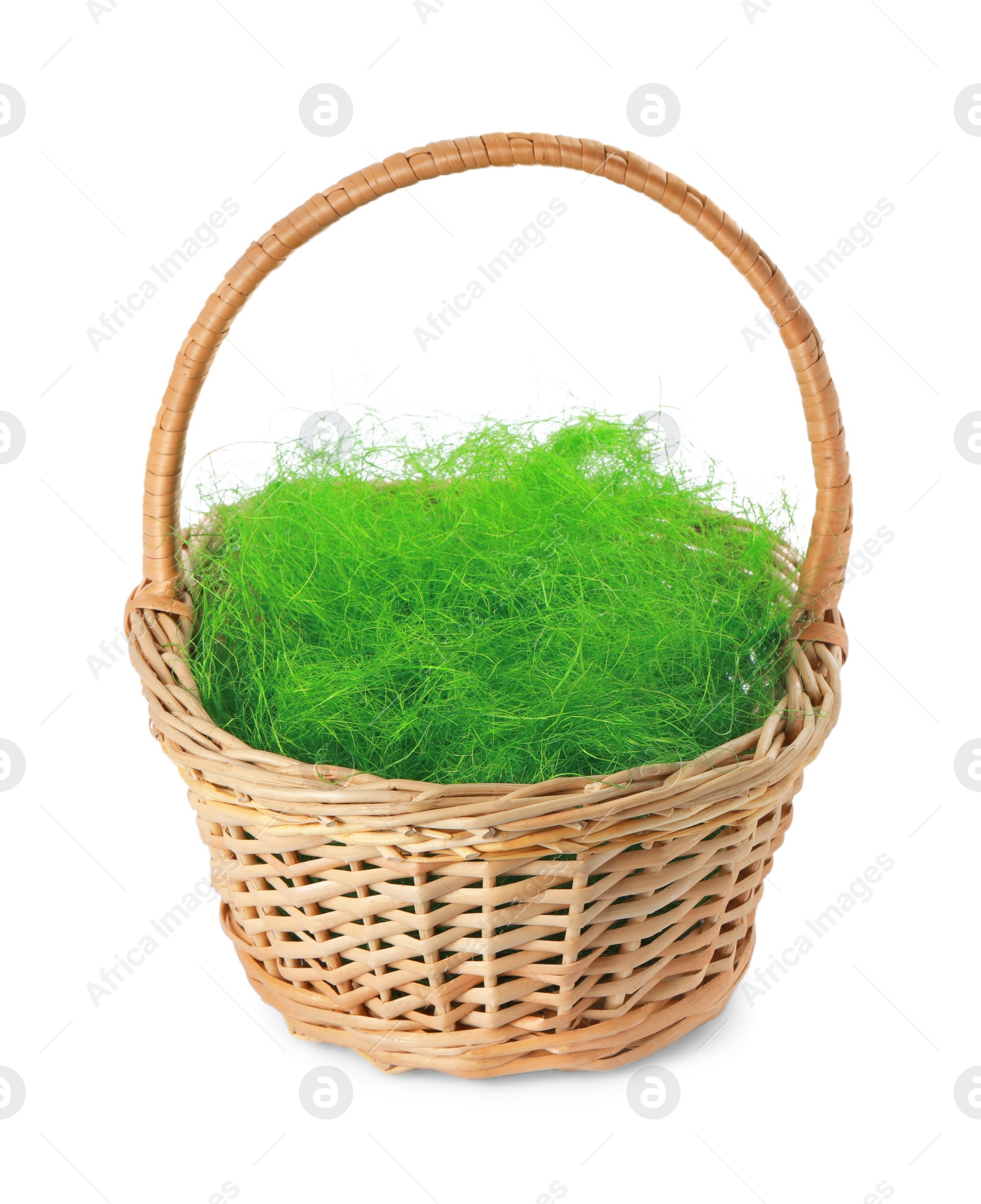 Photo of Easter wicker basket with decorated grass isolated on white