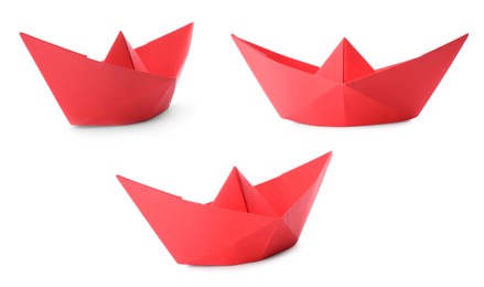 Image of Set with red paper boats on white background