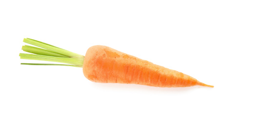 Photo of Fresh ripe juicy carrot isolated on white, top view