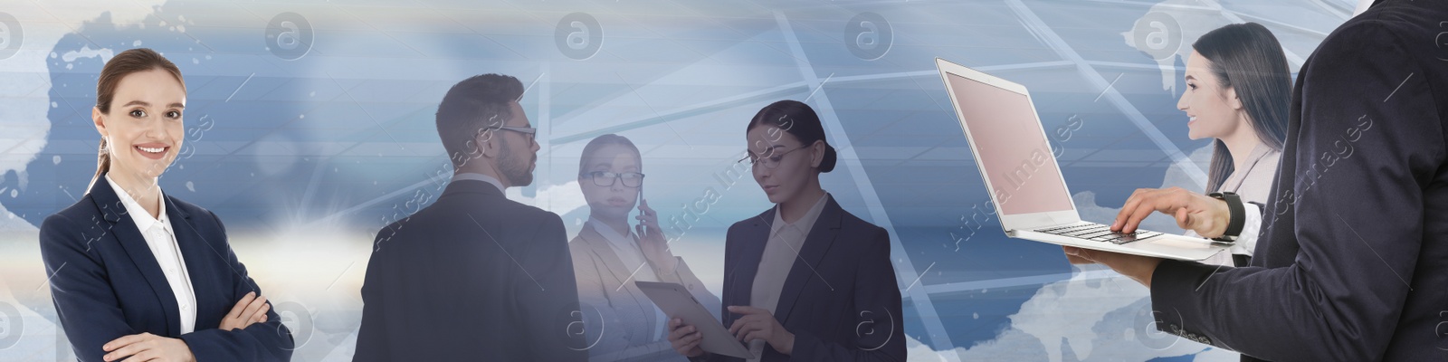 Image of Multiple exposure of business people and modern building. Banner design