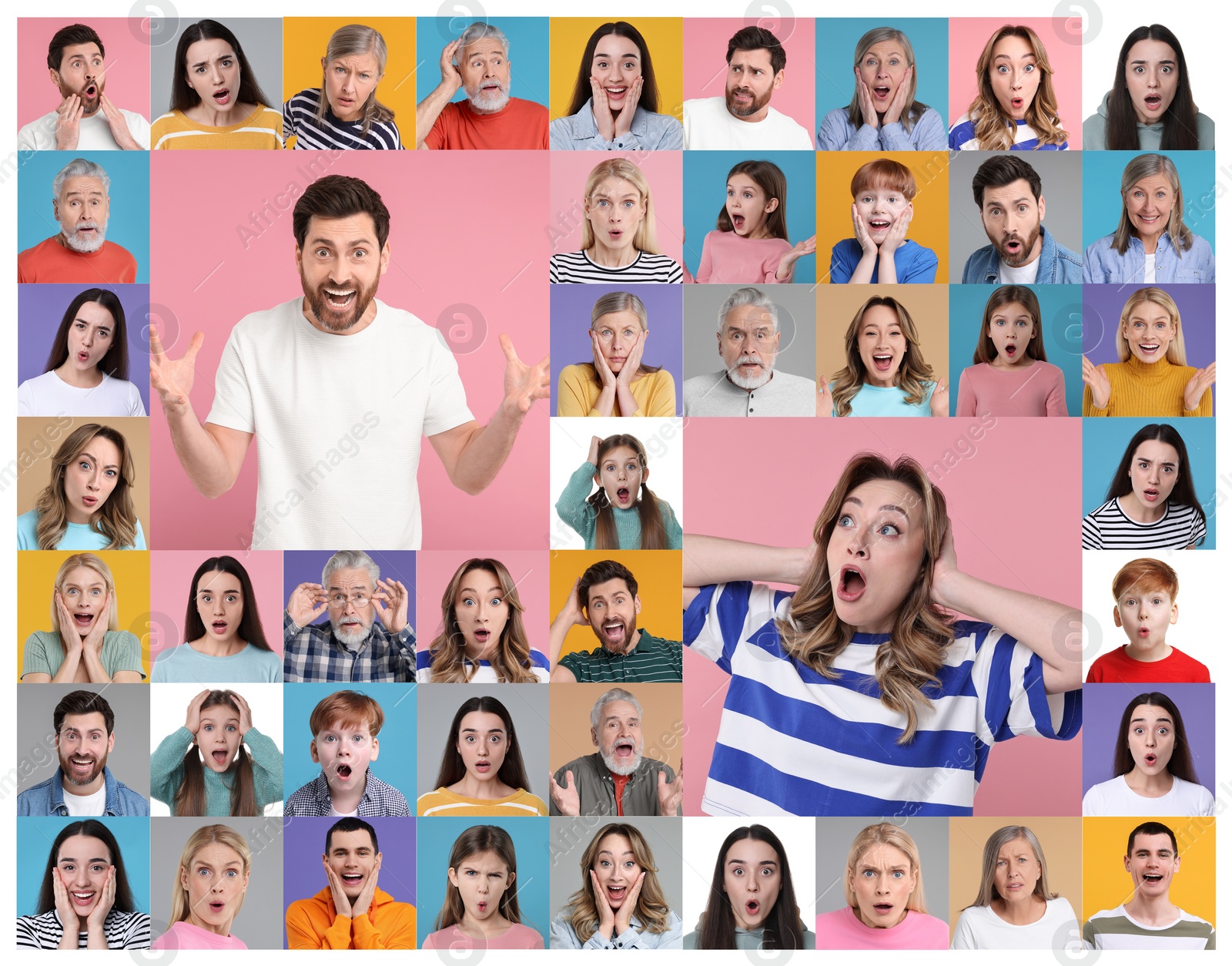 Image of Collage with photos of surprised people on different color backgrounds