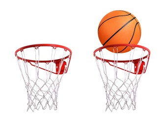 Image of Collage of basketball ball and hoop isolated on white