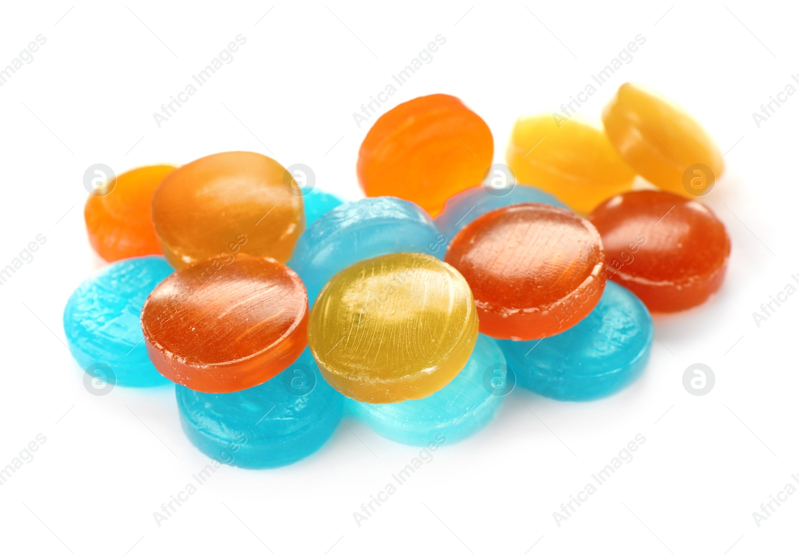 Photo of Many different color cough drops on white background