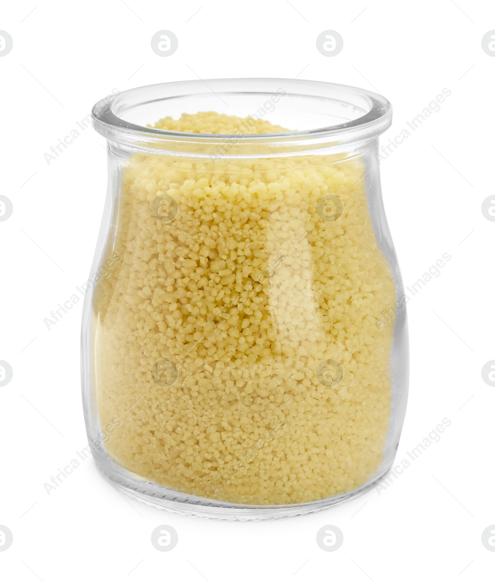 Photo of Glass jar of raw couscous isolated on white