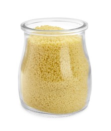 Photo of Glass jar of raw couscous isolated on white
