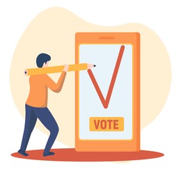 Illustration of  man with pencil and tablet on white background. Online voting concept