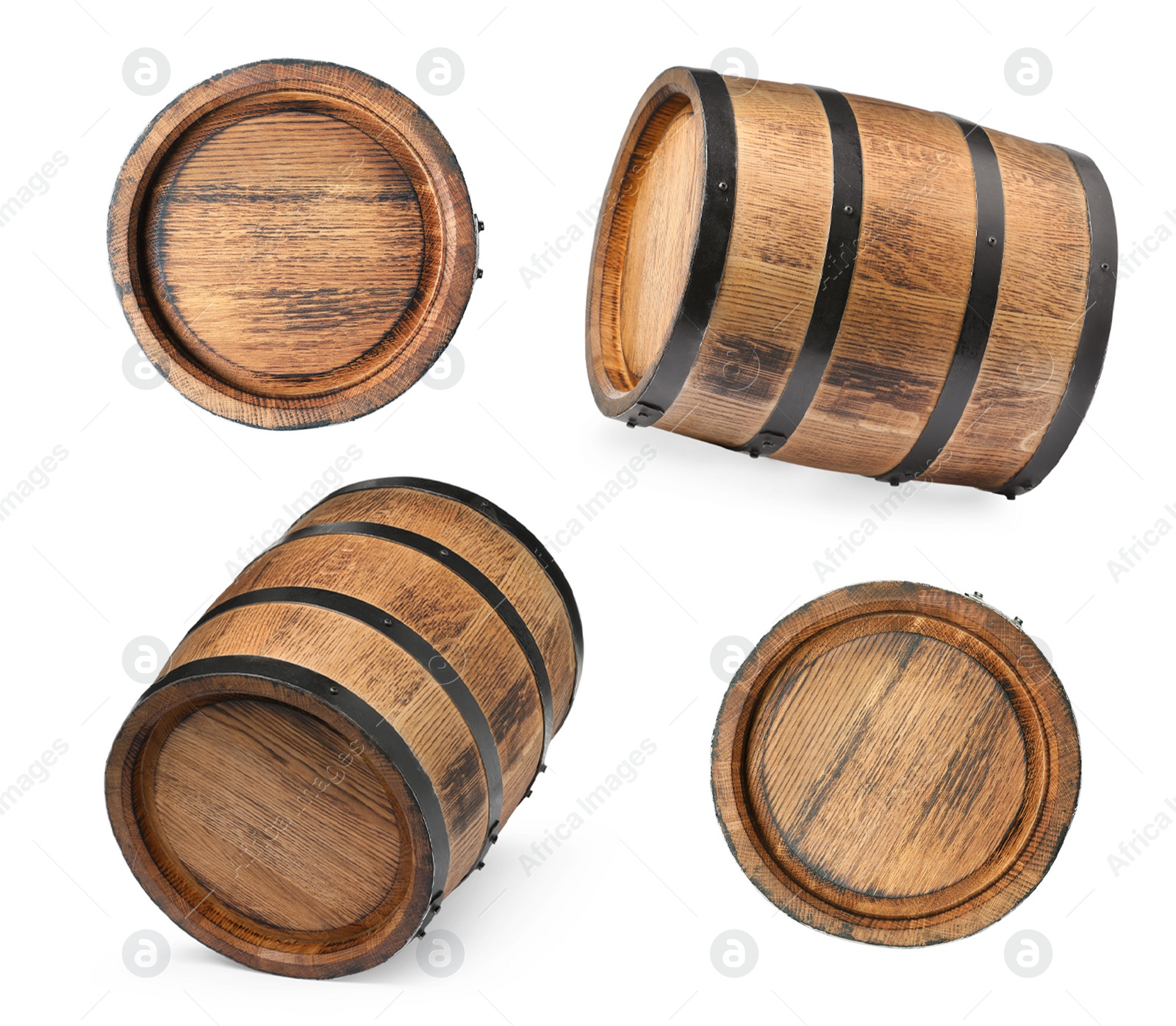 Image of Collage of wooden barrel on white background, different sides