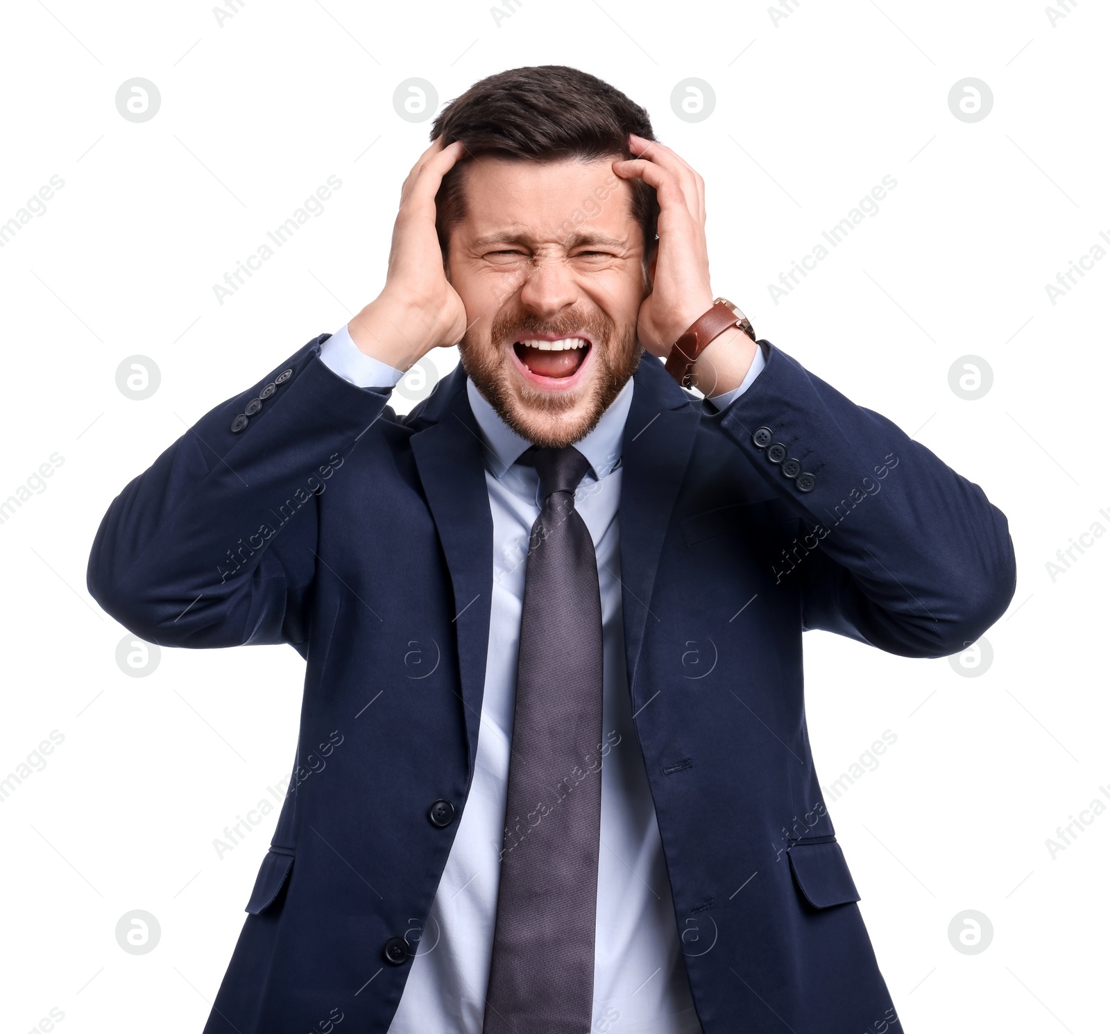 Photo of Emotional businessman in suit on white background