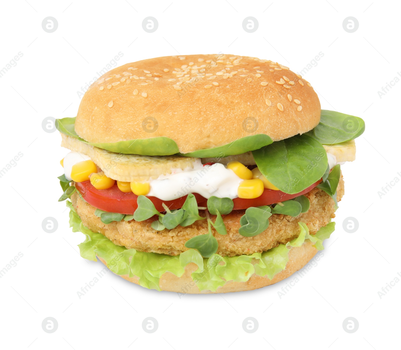 Photo of Tasty vegan burger with vegetables, patty and microgreens isolated on white