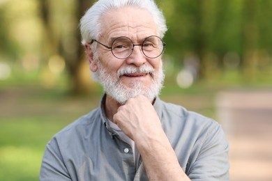 Photo of Portrait of happy grandpa with glasses in park