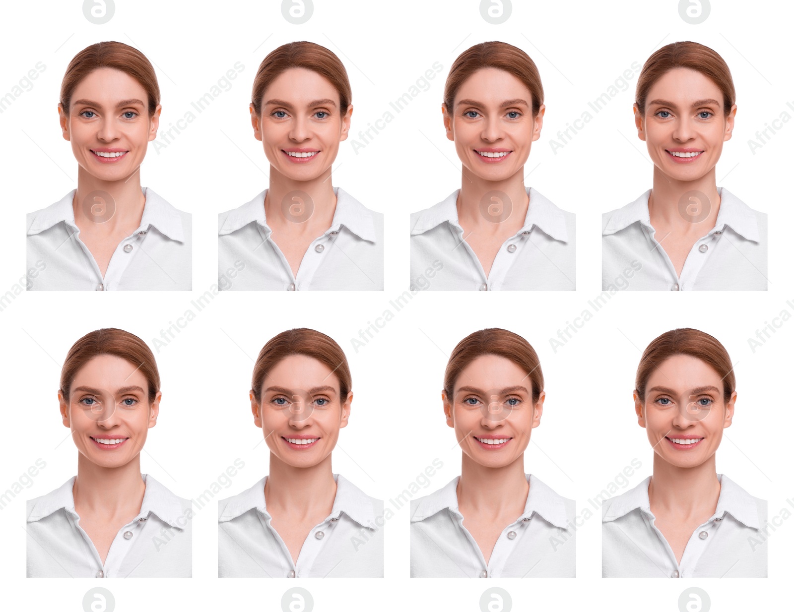 Image of Passport photo, collage. Woman on white background, set of photos