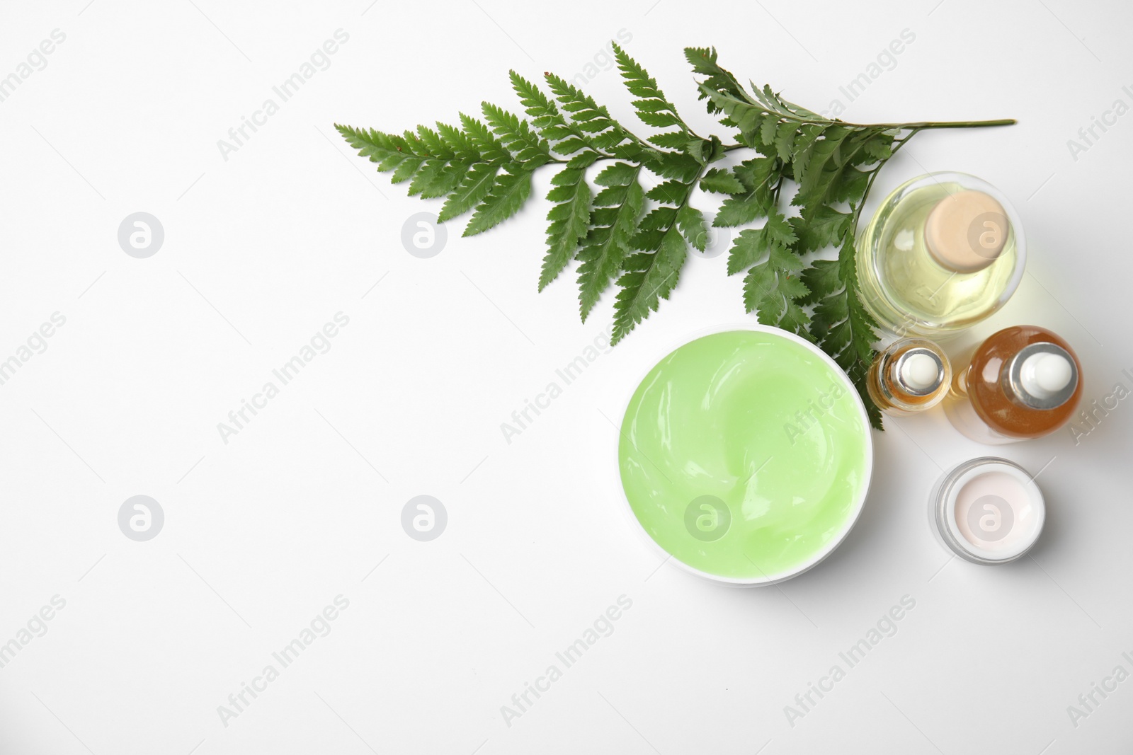 Photo of Flat lay composition with different body care products and space for text on white background
