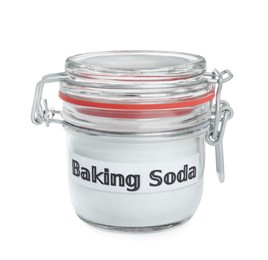 Photo of Closed jar of baking soda isolated on white